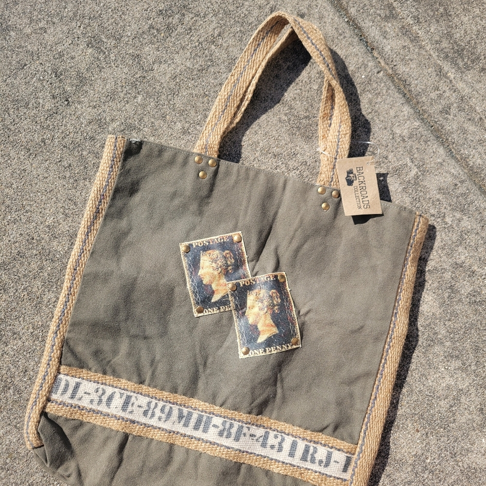 Backroads Collection Tote Bag NWT ~ Boho Old World Vibe ~ Green Jute Handles